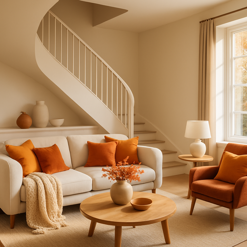 Gemütliches Wohnzimmer mit herbstlicher Farbpalette, orangefarbene Kissen auf einem weißen Sofa, Holz-Couchtisch und Dekoration