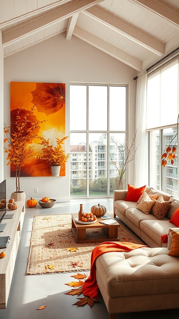 Helle Wohnung mit herbstlichen Farben und Dekorationen, einschließlich Kürbissen und einem großen orangefarbenen Kunstwerk.