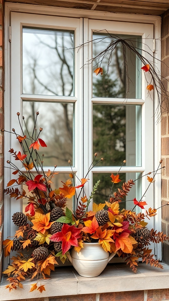 Herbstliche Fensterdekoration mit bunten Blättern, Tannenzapfen und Ästen auf einer Fensterbank.