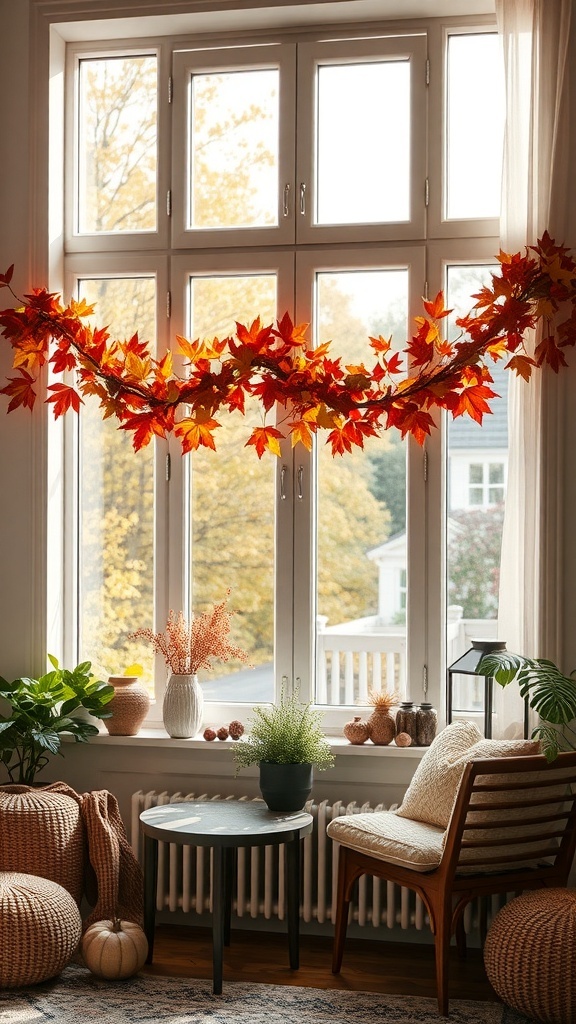 Gemütliche Fensterdekoration mit roten Blättern und Pflanzen für den Herbst