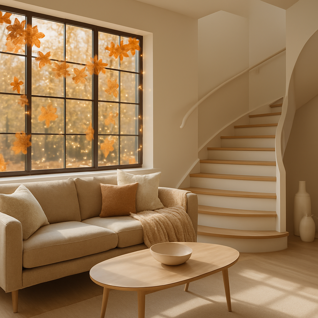Gemütliche Fensterdekoration mit orangefarbenen Blättern und Lichtern im Wohnzimmer