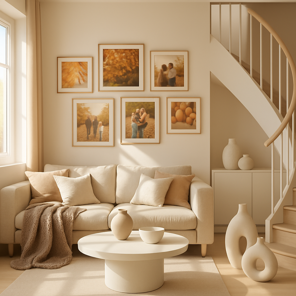Gemütliche Wohnzimmer mit herbstlicher Fotowand und neutralen Farben
