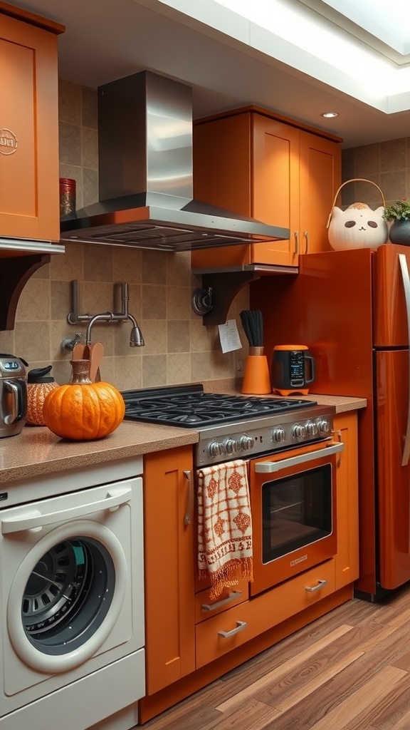 Gemütliche Herbstküche mit orangefarbenen Blättern und modernen Küchengeräten