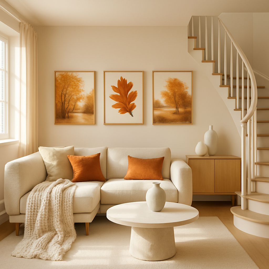 Gemütliches Wohnzimmer mit herbstlichen Kunstwerken und warmen Farben
