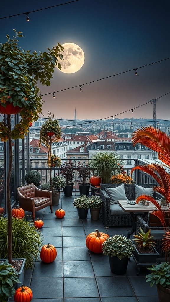 Herbstliche Pflanzenarrangements mit Kürbissen und bunten Blumen auf einer Dachterrasse mit Blick auf die Skyline.