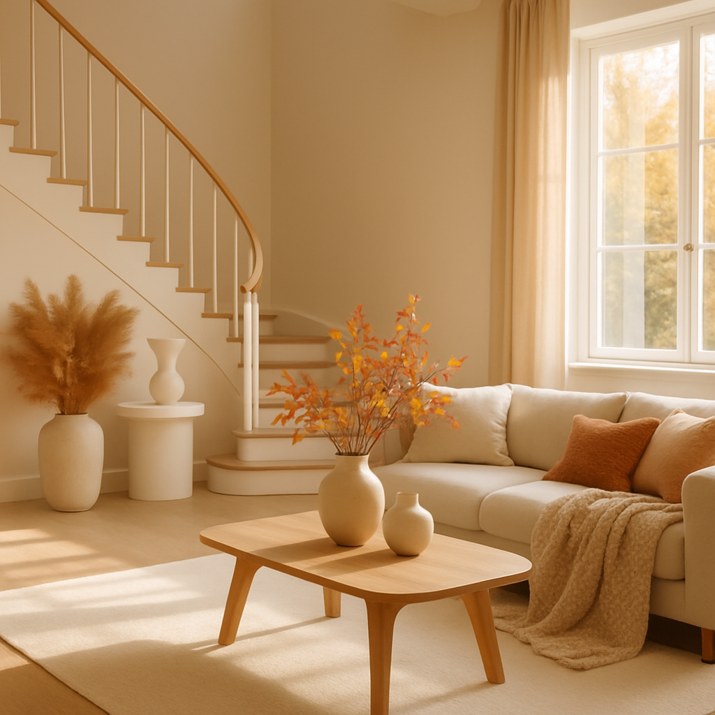 Gemütliches Wohnzimmer mit herbstlichen Pflanzenarrangements und warmen Farben