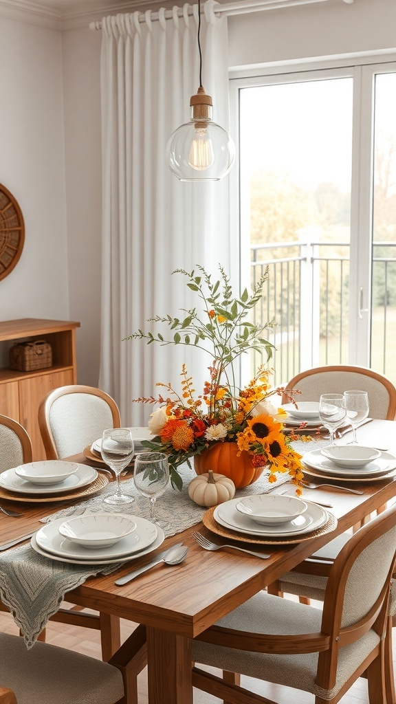 Gemütliche herbstliche Tischdekoration mit Blumen und Kürbis