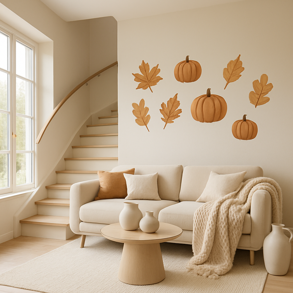 Gemütliches Wohnzimmer mit herbstlicher Wanddekoration aus Kürbissen und Blättern.