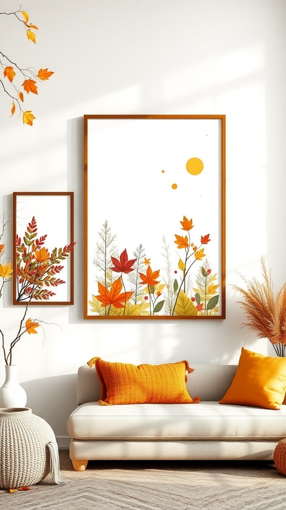 Herbstliche Wandkunst mit Naturmotiven in einem gemütlichen Raum