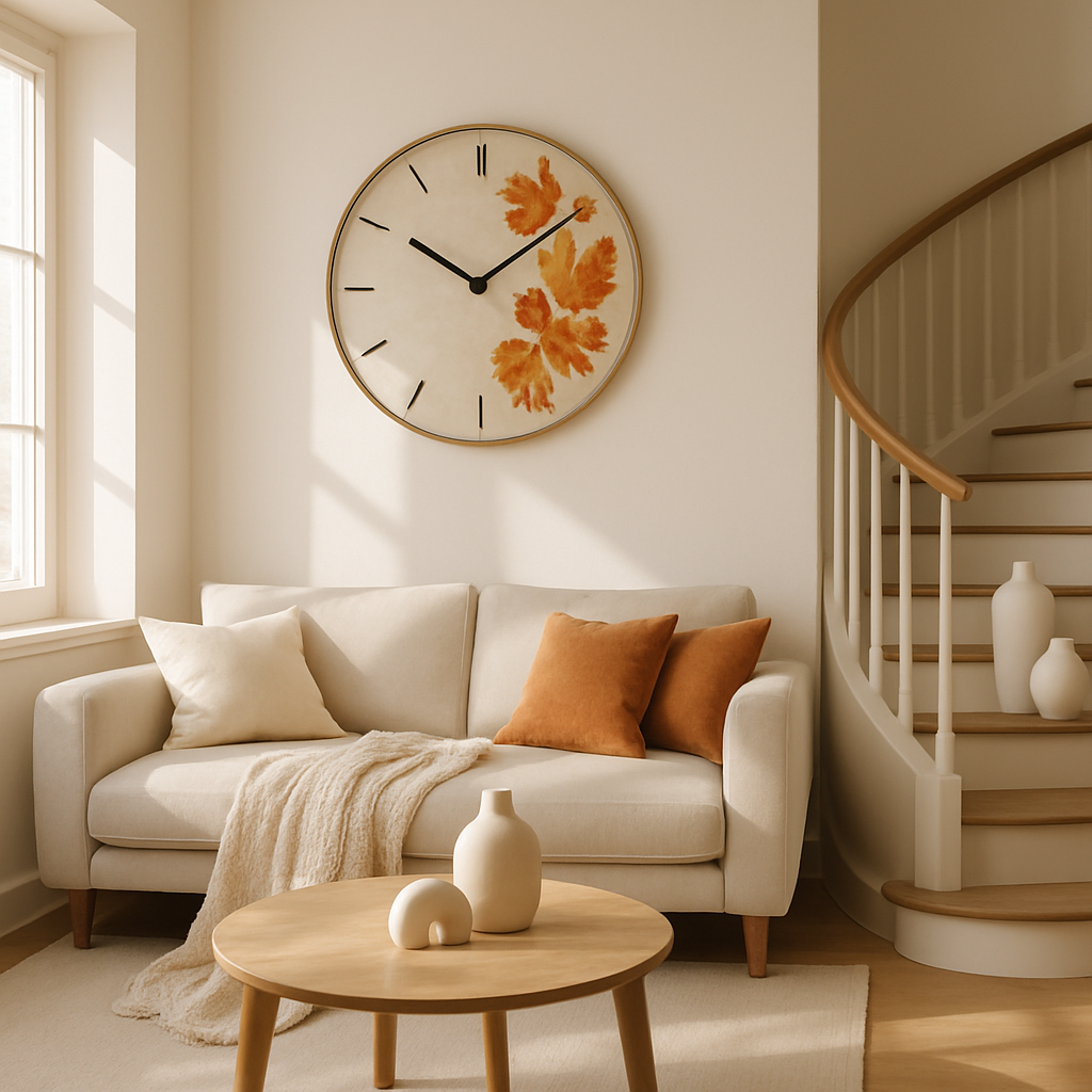 Eine herbstliche Wanduhr mit bunten Blättern, die an einer hellen Wand über einem gemütlichen Sofa hängt.