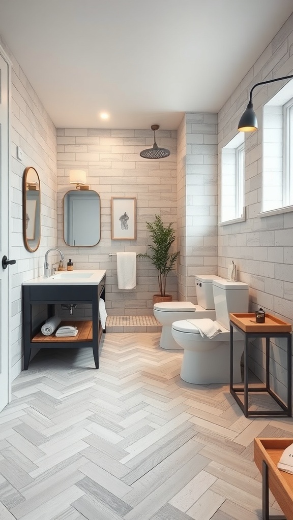 A stylish bathroom featuring herringbone patterned flooring in neutral tones, complemented by a dark vanity and wooden accents.
