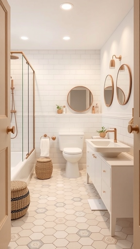A modern bathroom featuring hexagonal tiles on the floor, white walls, and stylish fixtures.