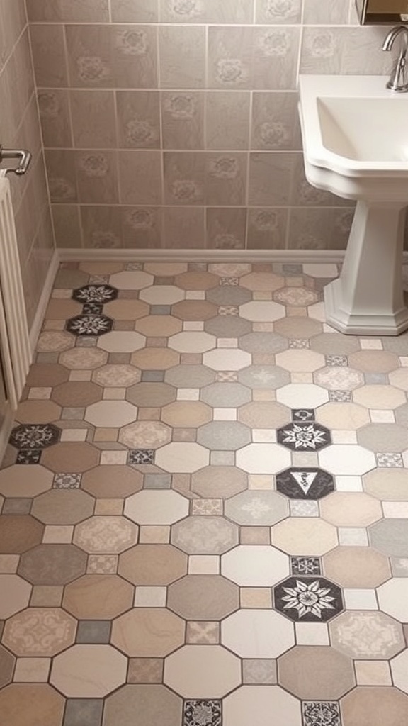 Bathroom floor featuring hexagonal tiles in various colors and designs
