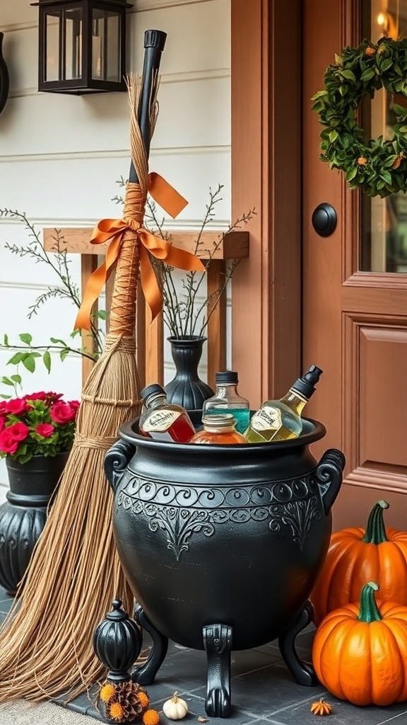 Hexenbesen und Zaubertränke auf einer Veranda, dekoriert für Halloween
