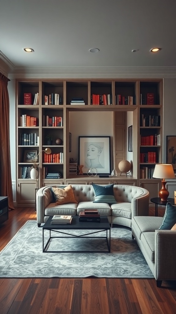 A stylish living room with a hidden bookshelf door, showcasing a cozy seating area and a well-arranged bookshelf.