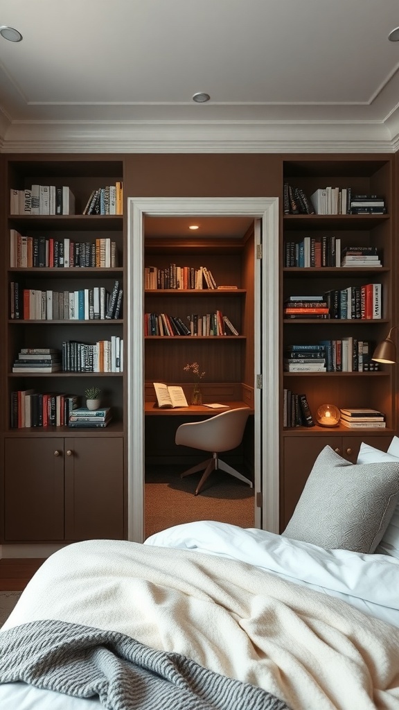 A cozy bedroom with hidden bookshelf doors leading to a reading nook