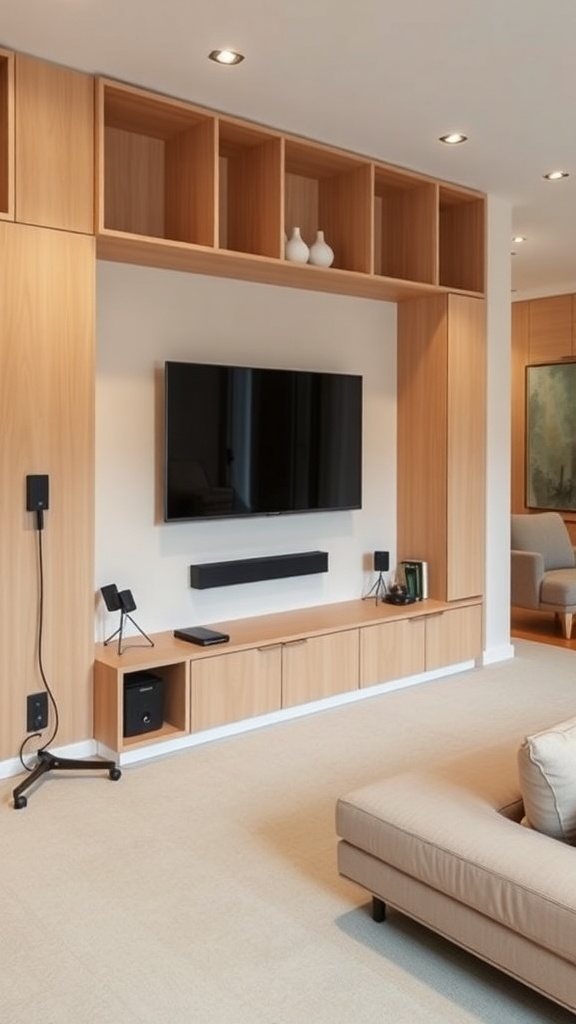A minimalist home theater setup featuring a wall-mounted TV, wooden storage unit, and hidden cable management.