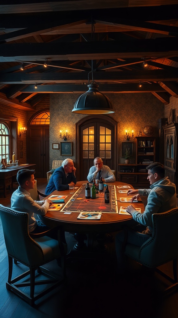 A cozy game night space with a wooden table, warm lighting, and family members engaged in a game.
