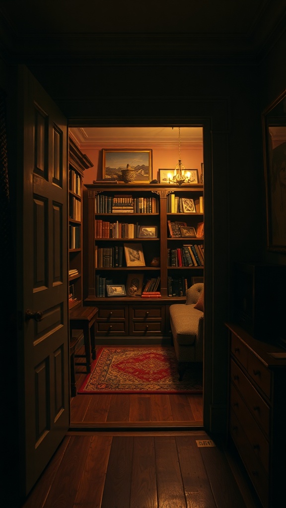 A cozy hidden home library with wooden shelves filled with books, a comfortable couch, and warm lighting.