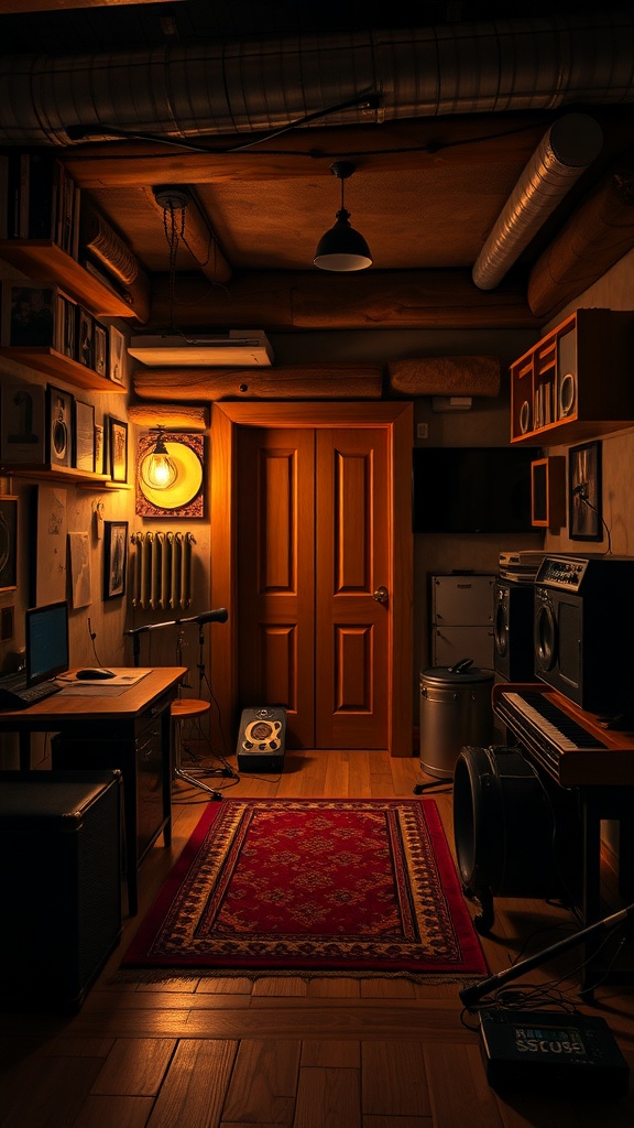 A cozy hidden music studio with warm lighting, wooden accents, and musical equipment.