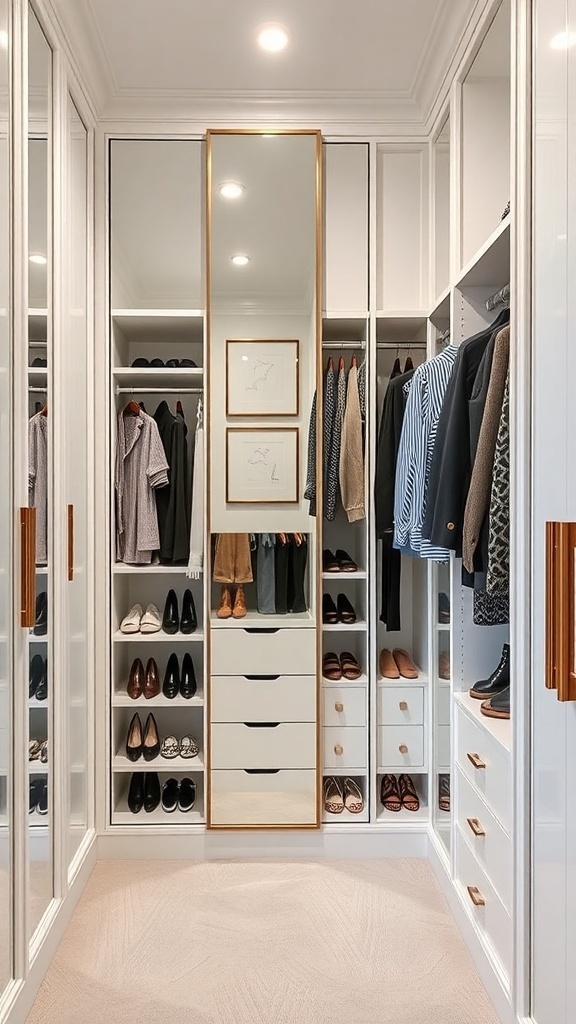 A stylish walk-in closet featuring hidden shoe storage behind mirrors, showcasing organized shoes and clothing.
