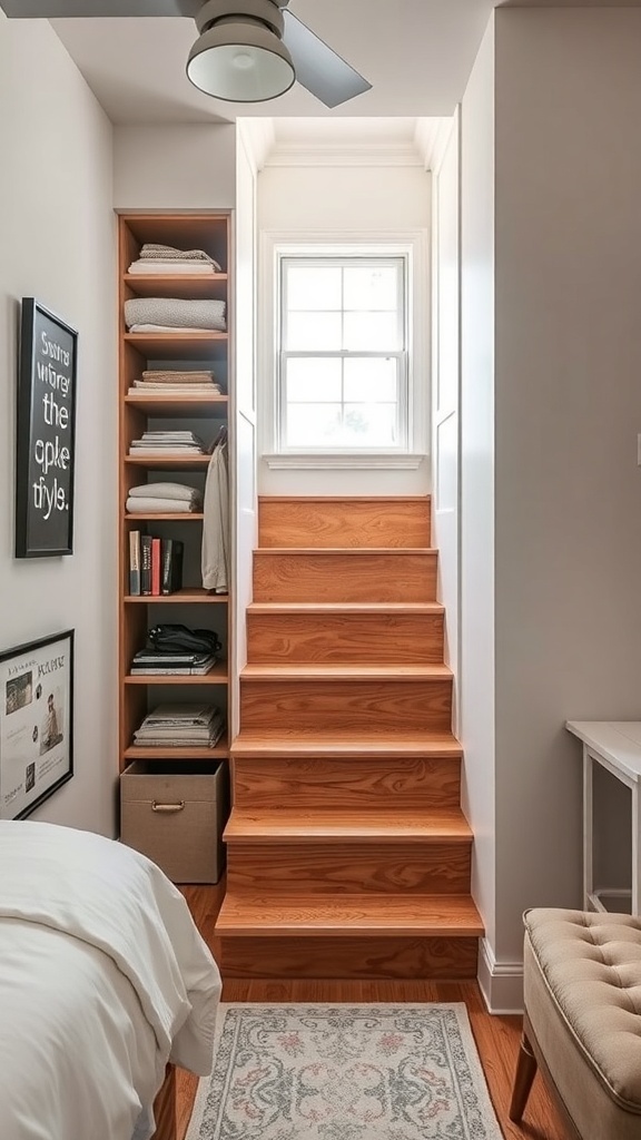 A staircase with built-in shelves for storage, featuring neatly arranged blankets and books beside the stairs.