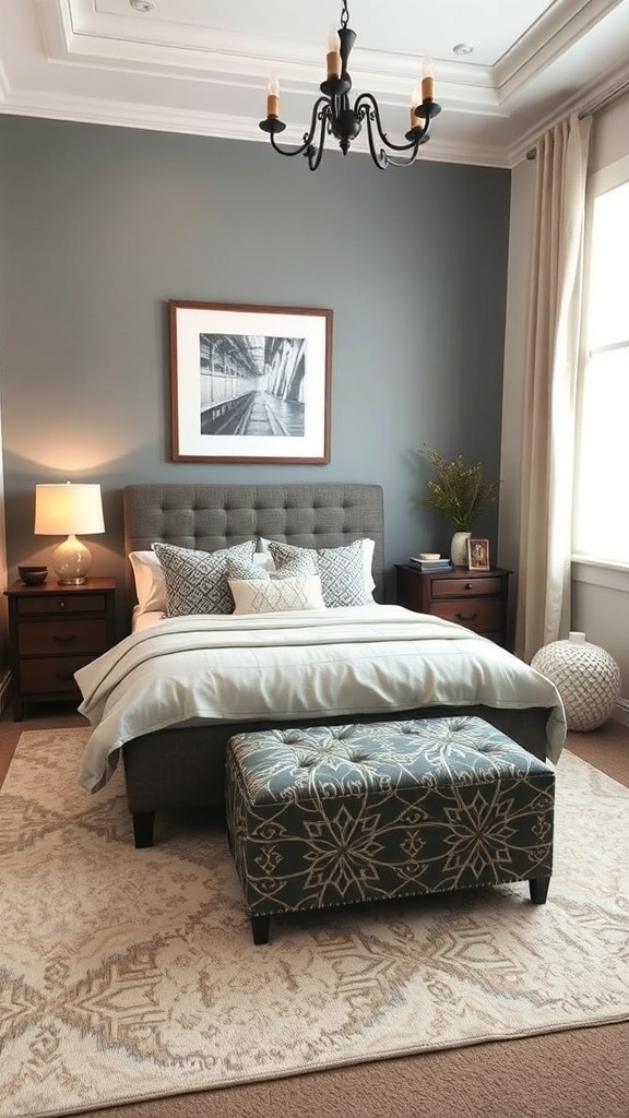 A cozy bedroom featuring a hidden storage ottoman at the foot of the bed, adding style and functionality.