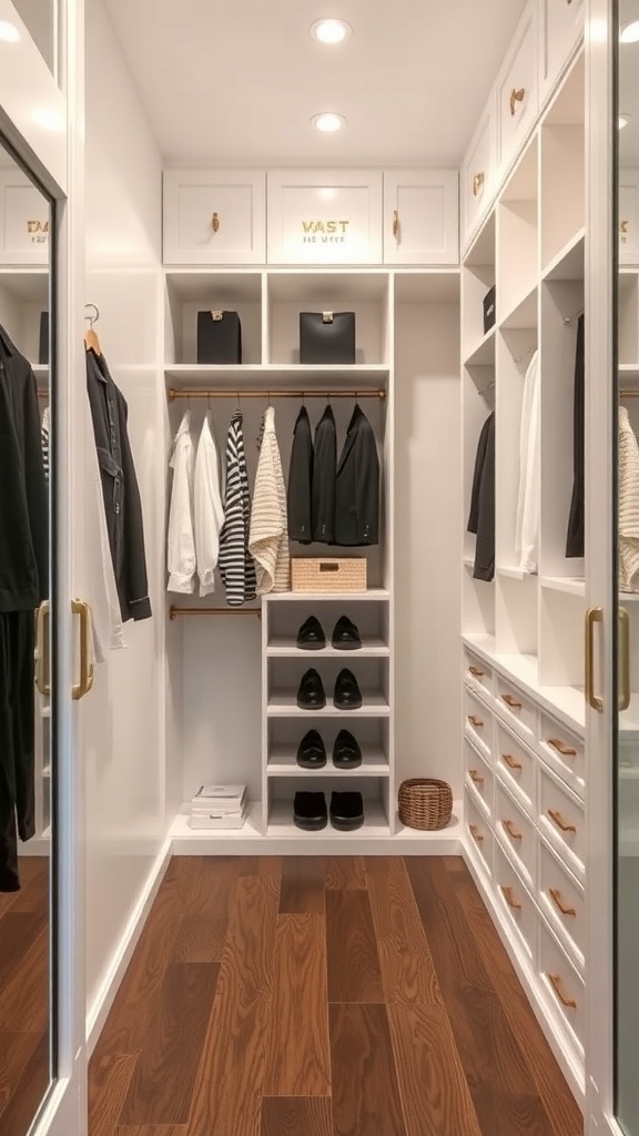 A minimalist walk-in closet featuring hidden storage solutions, including upper cabinets, open shelving, and mirrored doors.