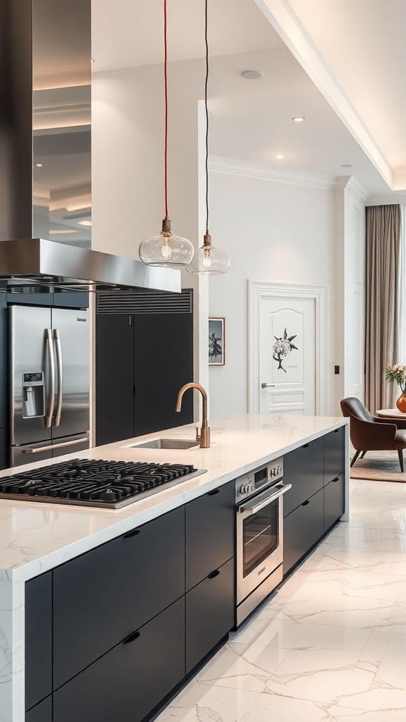 Modern kitchen with high-end appliances, dark cabinetry, and marble countertops