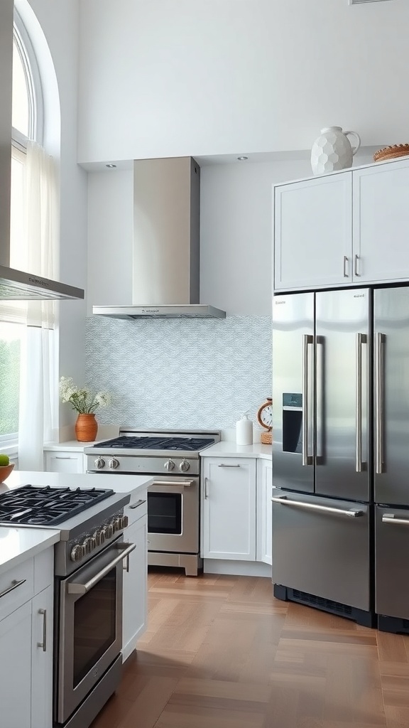 A modern luxury kitchen featuring high-end stainless steel appliances, including a refrigerator, gas range, and range hood, with white cabinetry and a stylish backsplash.