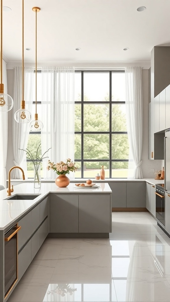 Modern luxury kitchen with gray cabinetry, marble countertops, and gold accents