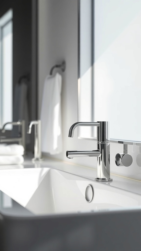 A modern chrome faucet over a white sink with a clean design
