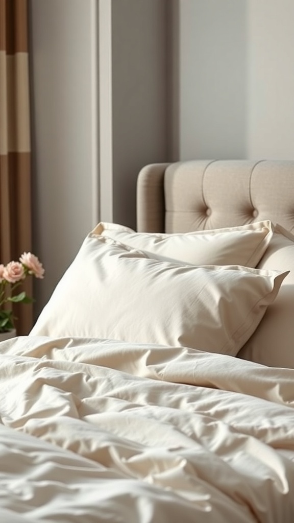 A cozy bed with neutral-toned bedding and plush pillows, complemented by flowers in the background.