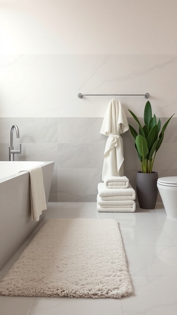 A modern bathroom with high-quality textiles including a fluffy rug, stacked towels, and a robe, complemented by a plant.