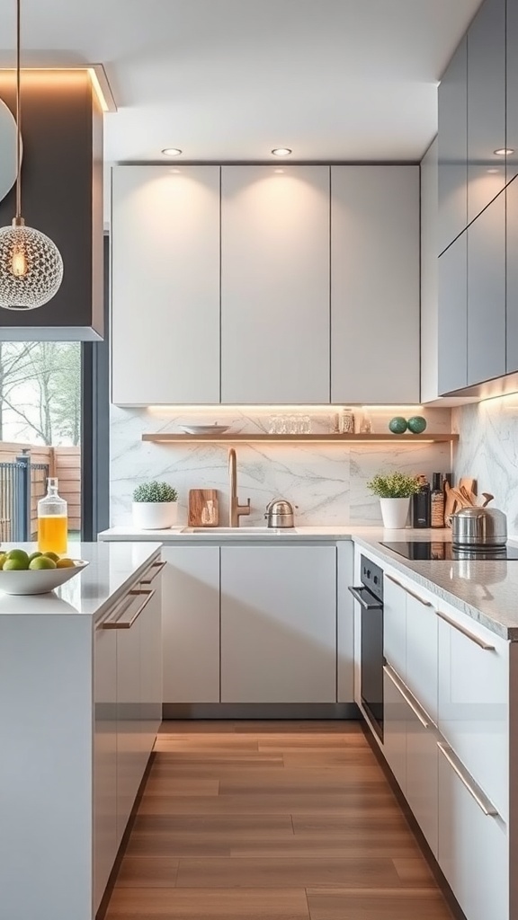 A modern kitchen featuring high-tech appliances and a sleek design with natural light.