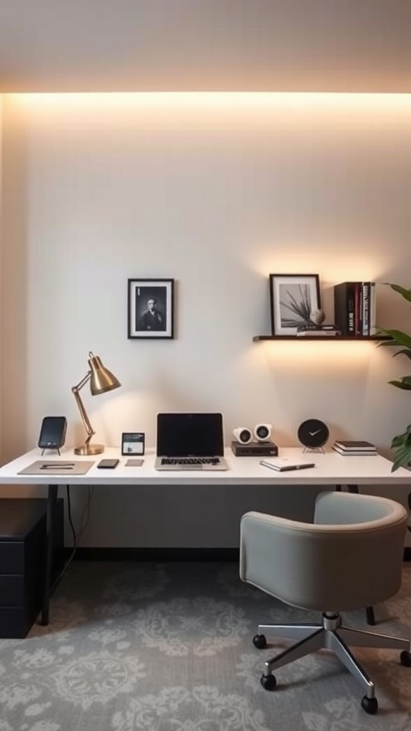 A modern home office setup featuring a sleek desk, stylish chair, and high-tech gadgets.