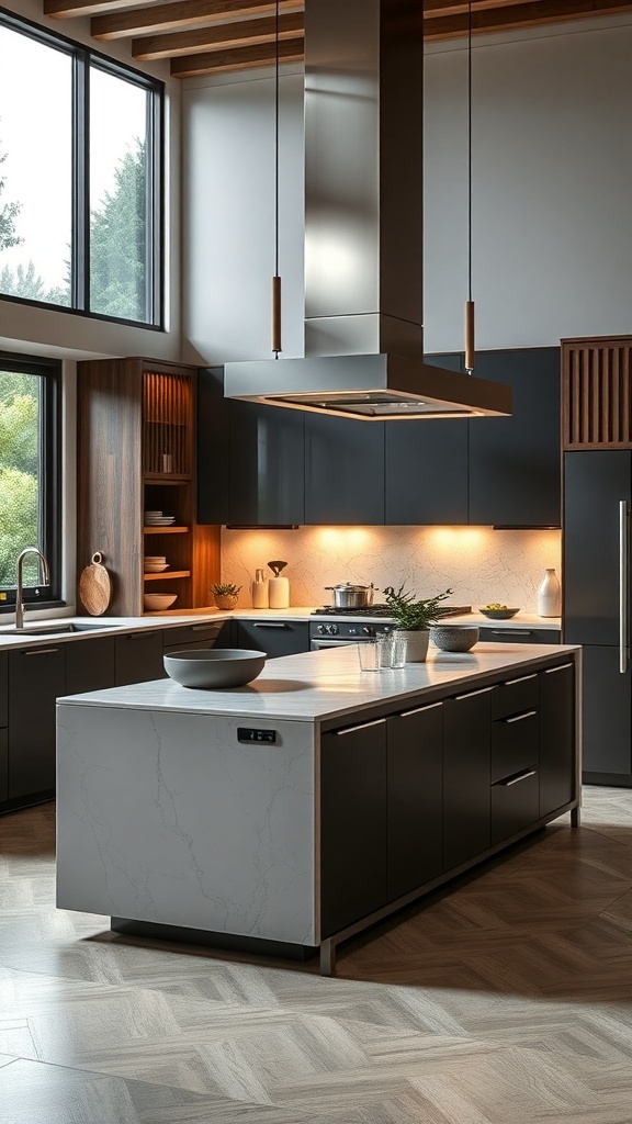 A modern kitchen featuring a high-tech island with smart cooking features, dark cabinetry, and large windows.