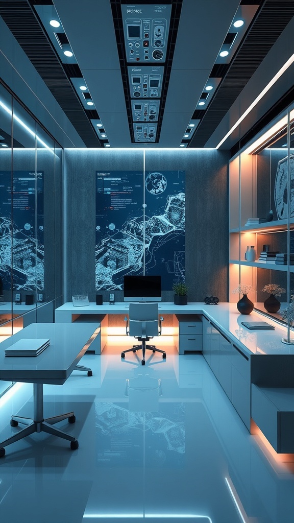 A modern high-tech office with sleek design and advanced technology.