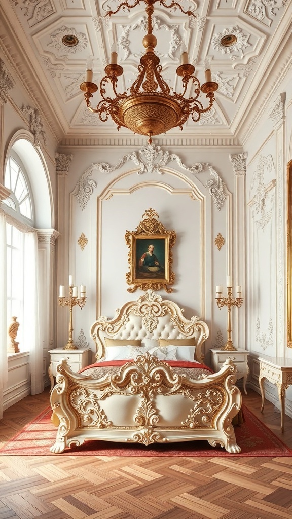 A luxurious Rococo bedroom featuring an ornate bed, intricate ceiling design, and elegant chandelier.