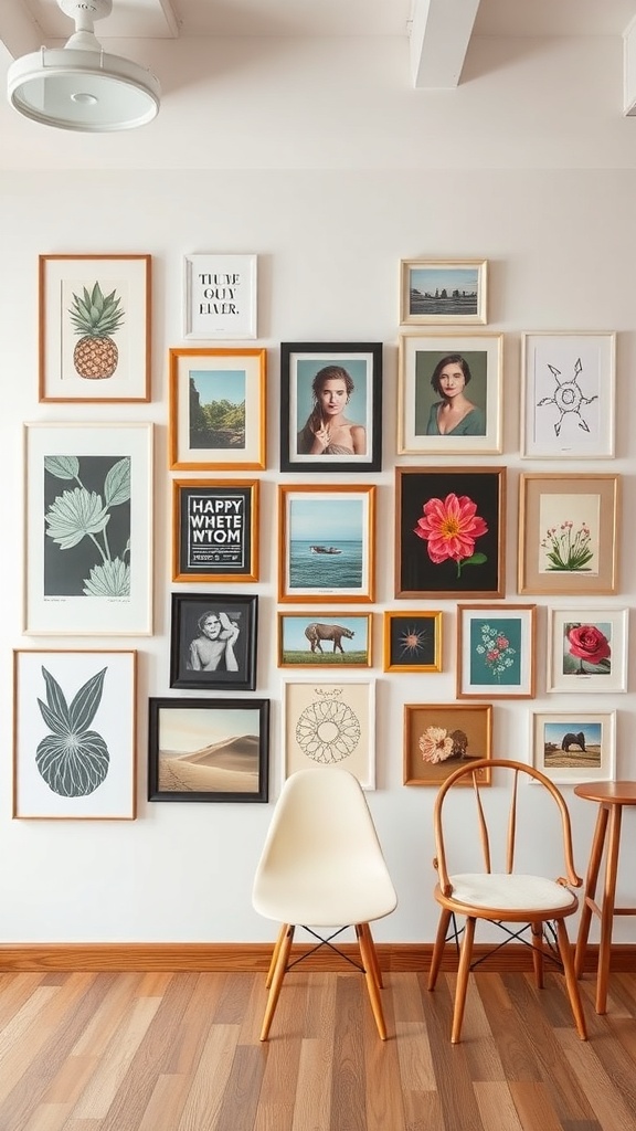 A gallery wall featuring diverse artwork in various frames, showcasing local artists.