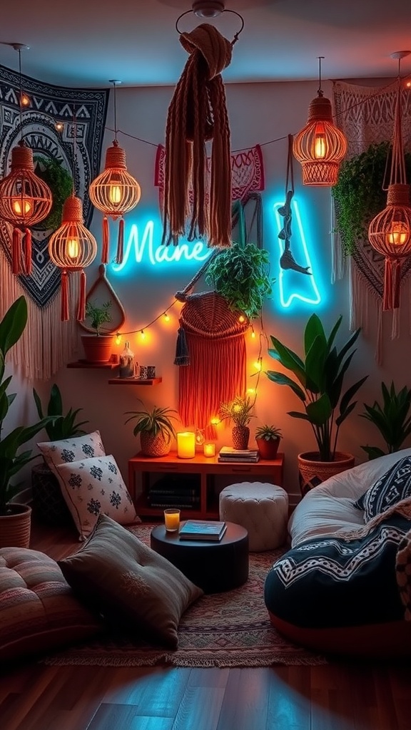 A cozy room with hippie-inspired lighting fixtures, including hanging lanterns and a neon sign, surrounded by plants and soft seating.