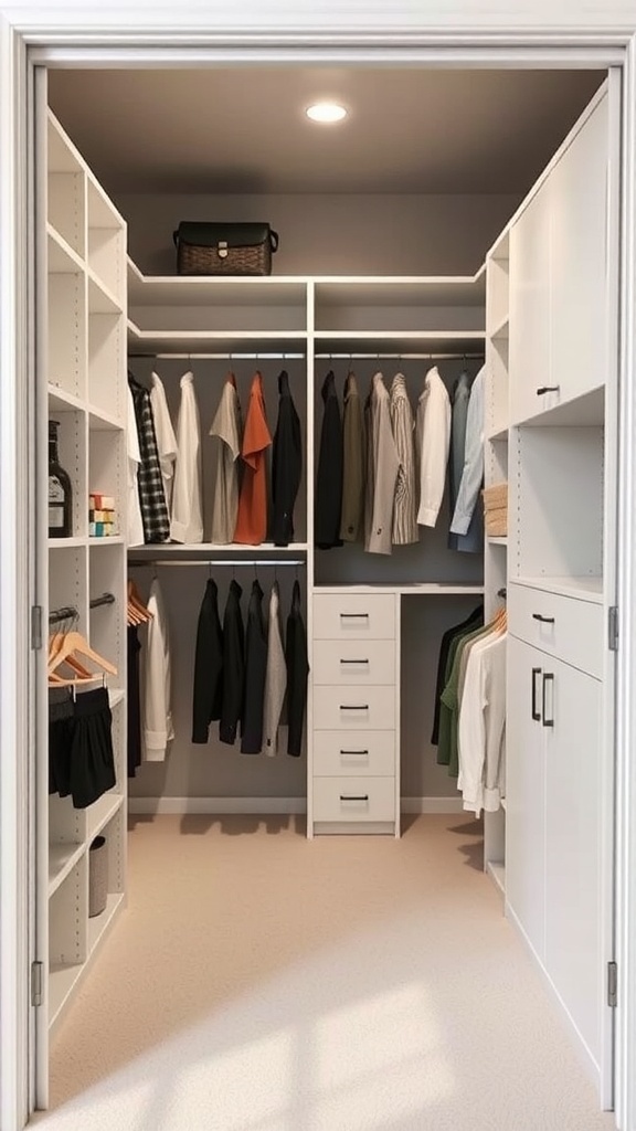 A well-organized walk-in closet with clothing, shelves, and storage drawers.
