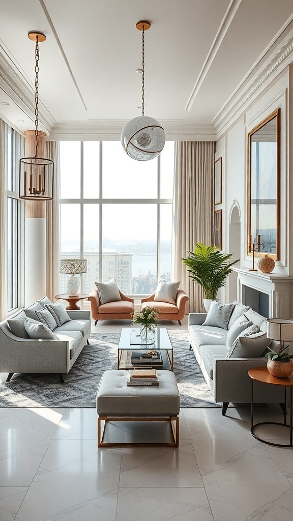 Ein stilvolles Wohnzimmer mit großen Fenstern, eleganten Möbeln und modernen Lichtquellen.