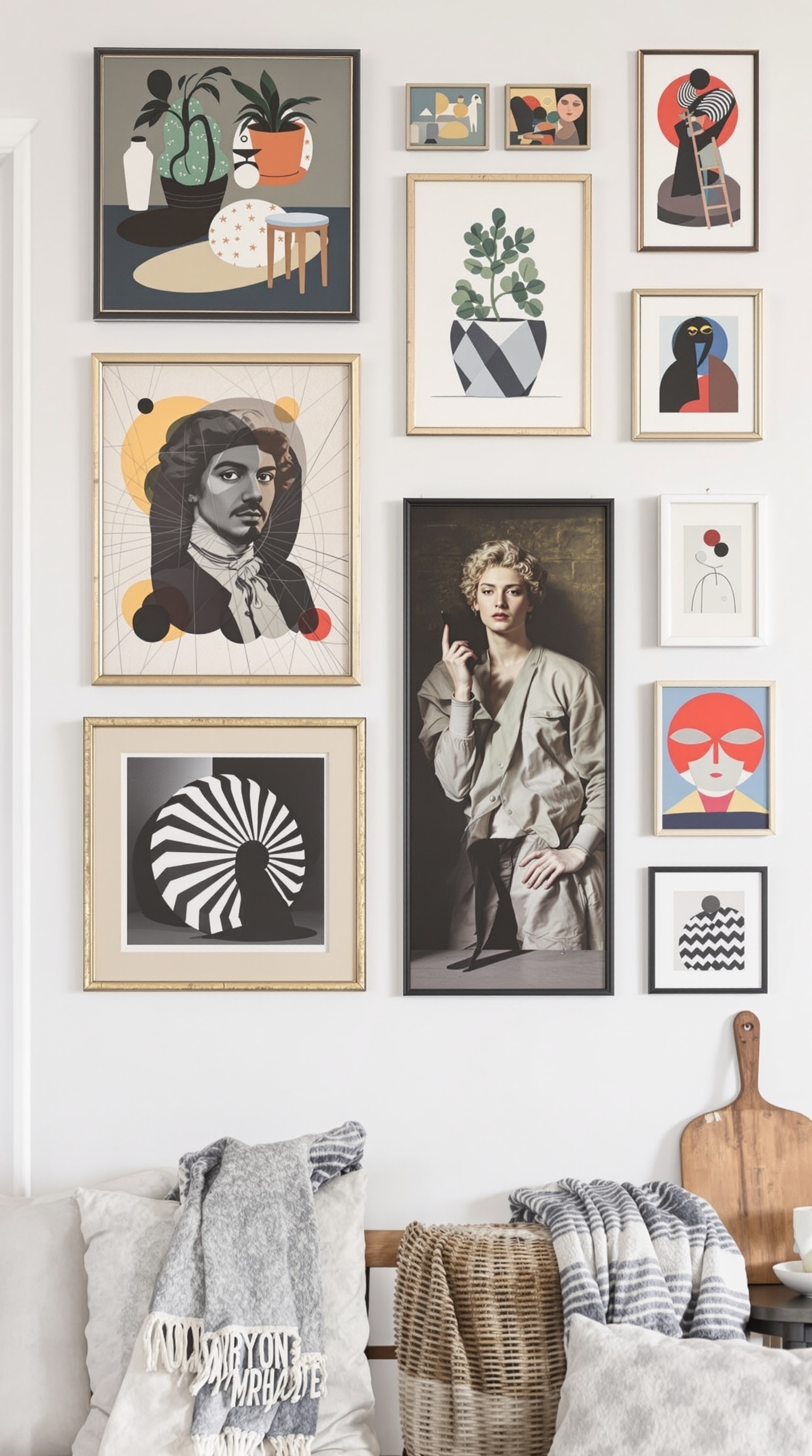 Ein stilvoll eingerichteter Raum mit vielen historischen Kunstwerken an der Wand, einer eleganten Deckenleuchte und bequemen Möbeln.