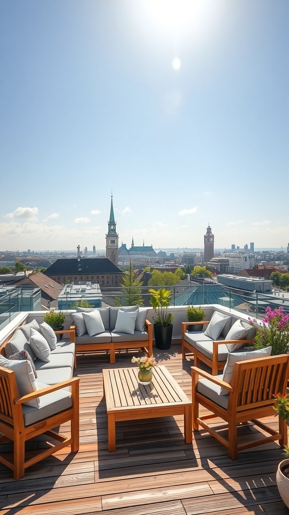 Gemütliche Sitzecke mit hochwertigen Teakholzmöbeln auf einem Dachgarten, umgeben von Pflanzen und einer schönen Aussicht.