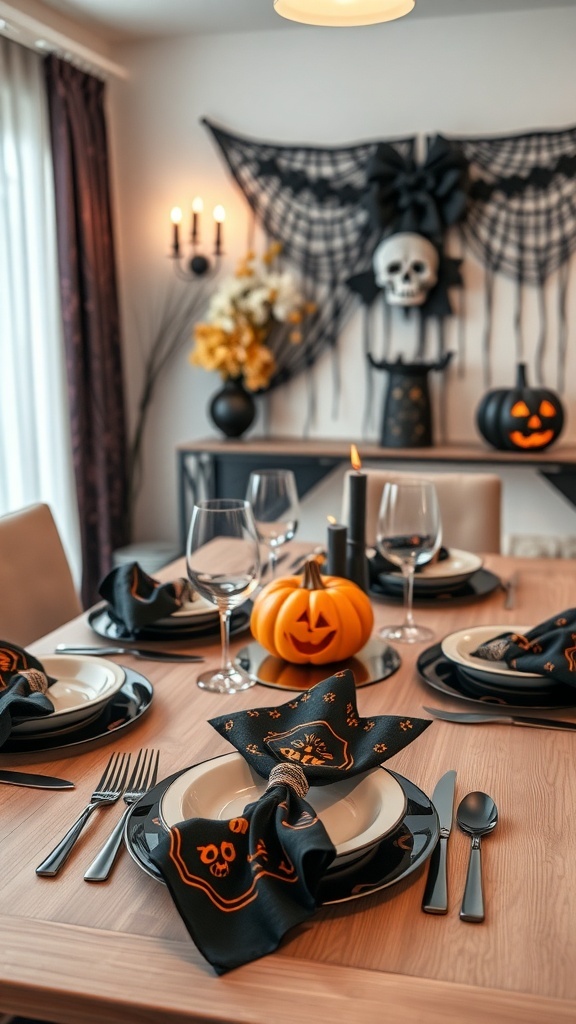 Elegante Halloween-Tischdekoration mit schwarzen Servietten, Geschirr und einem Kürbis