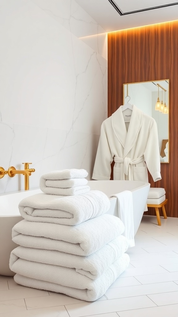 Ein modernes Badezimmer mit gestapelten weißen Handtüchern und einem Bademantel an einem Haken.