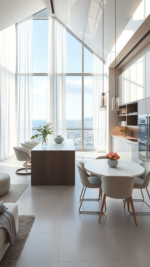 Moderne, helle Küche mit großen Fenstern, Holz- und weißen Möbeln, eleganten Stühlen und einem Tisch.