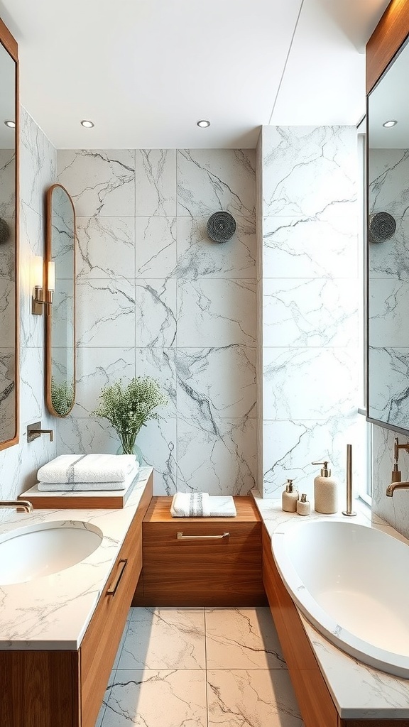 Luxuriöses Spa-Badezimmer mit Meerblick, Holz- und Marmorelementen