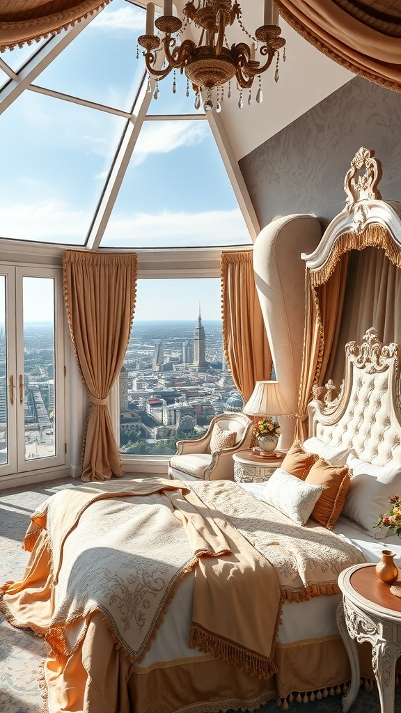 Luxuriöses Rococo Schlafzimmer mit großem Fenster und eleganten Möbeln